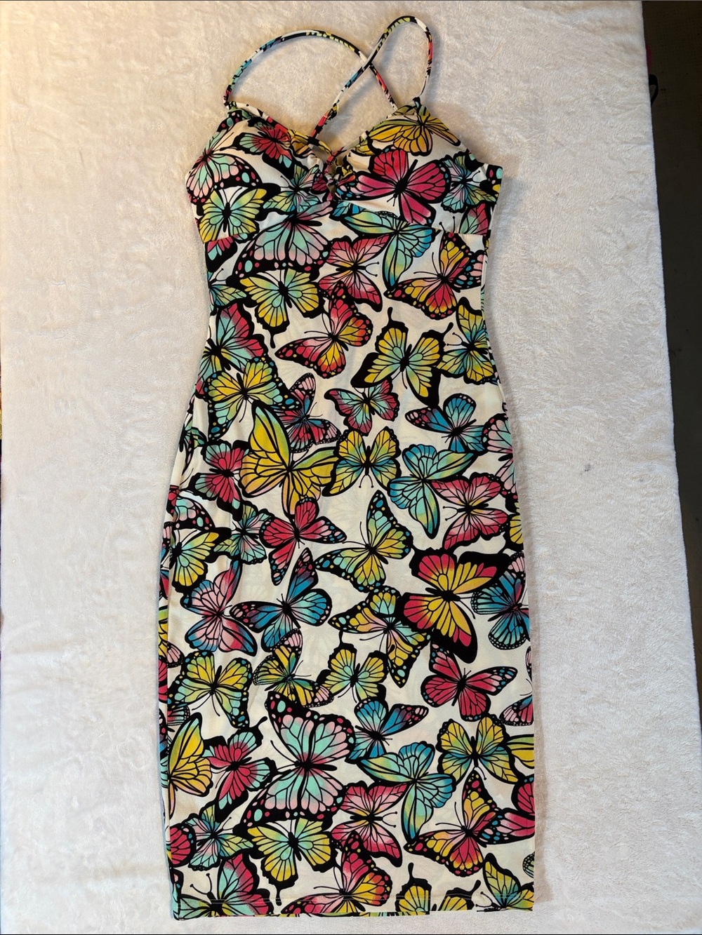 Whimsical Vibrant Butterfly Print White Spaghetti Strap Dress Built in Bra Small